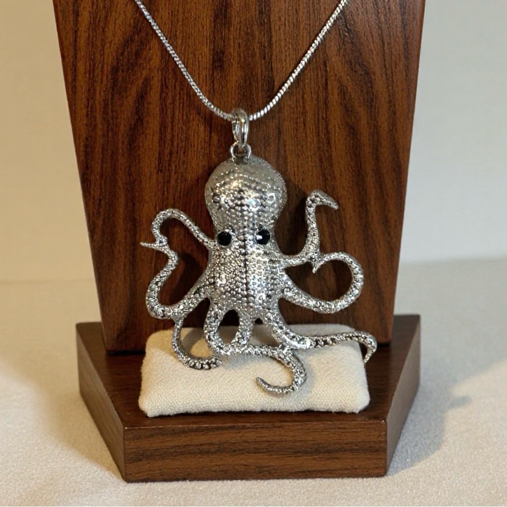 Shiny Silver Toned Octopus Pendant Necklace with Rhinestone Eyes - Picture 9 of 17